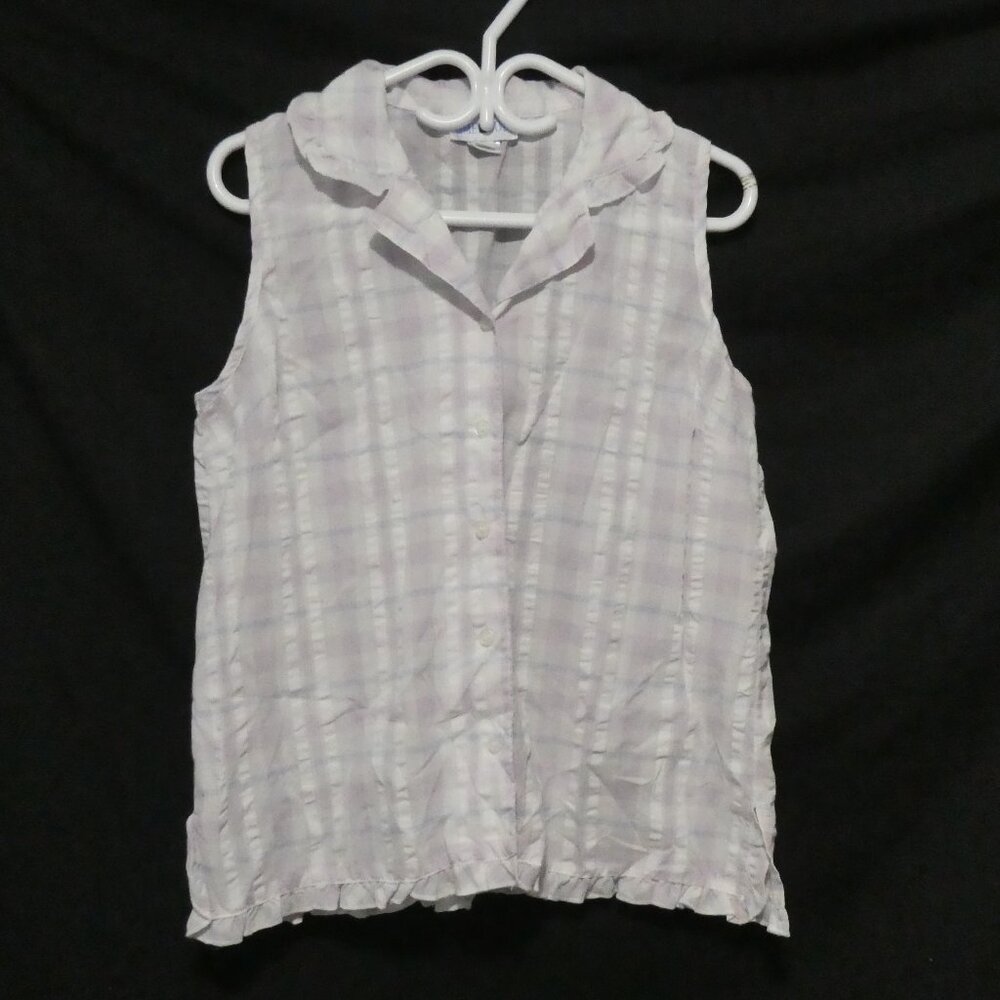 TIME OUT | medium | Plaid Sleeveless Button-Up Shirt With Ruffle Collar and Trim